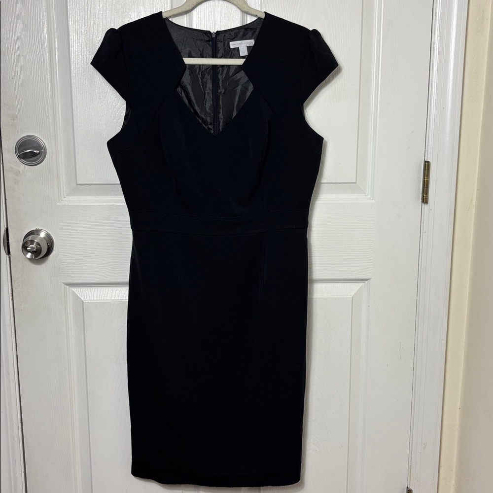 NY&Co black cap sleeve midi dress diamond Vneck size 12 lined bodycon staple